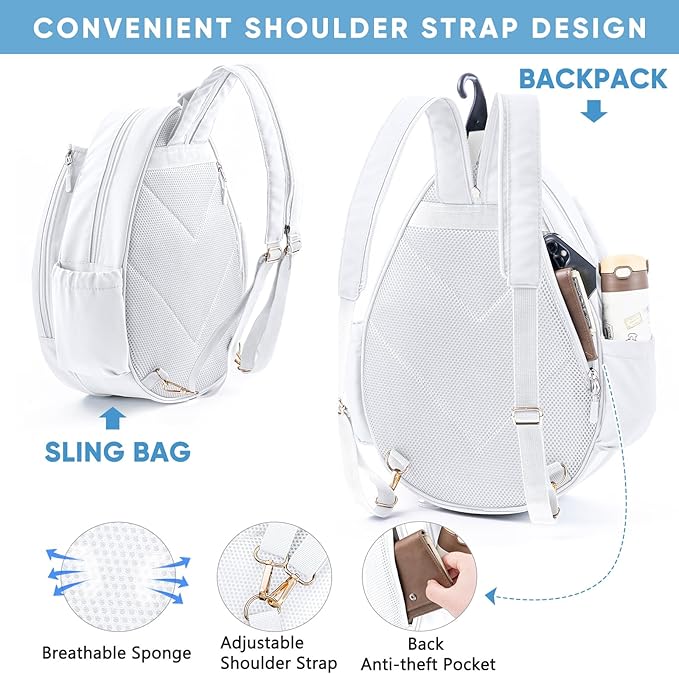 Tennis Backpack with 2 Rackets Holder, Water-Resistant PU Leather Tennis Racket Bag for Women & Men, Sling Crossbody Sports Backpack for Tennis, Pickleball & Badminton, Tennis Gifts