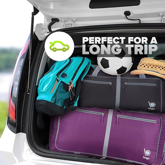 Bago Large Foldable Duffel Bags for Traveling Women & Men - 80L Packable Duffle Bag for Travel with Shoe Compartment - Water Repellant, Heavy Duty, Lightweight Folding & Collapsible (SnowDepPurple)