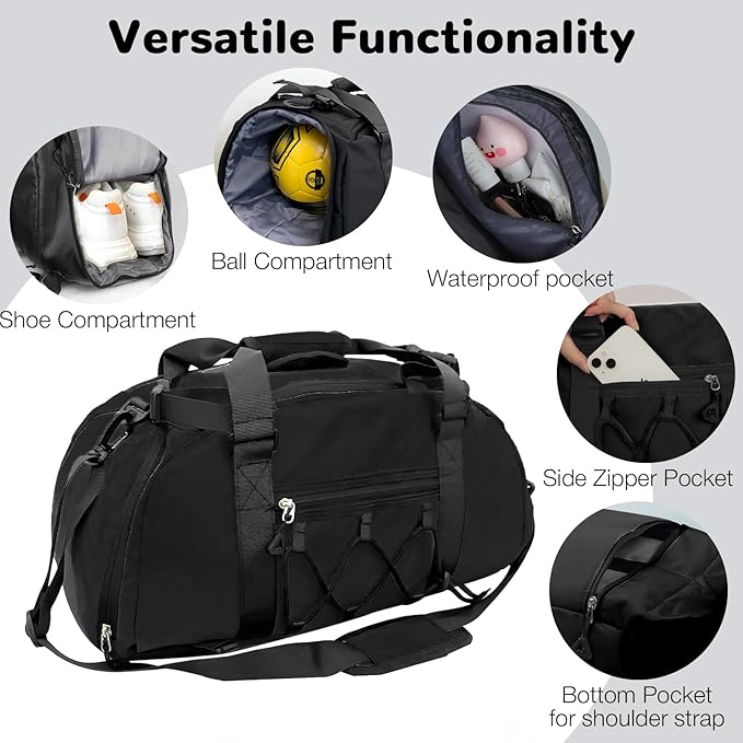 30L Gym Duffel Bag Backpack with Shoe Compartment for Men, Overnight Bag with Wet Pocket for Adults, Black