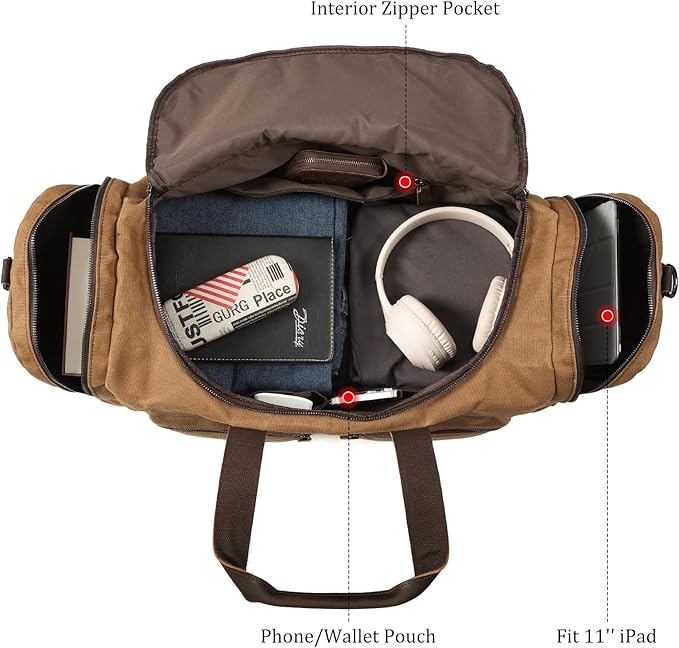 Polare 23” Waxed Canvas Cowhide Leather Waterproof Travel Duffel Bag Trim Luggage Weekender Overnight Carry on Hand Bag