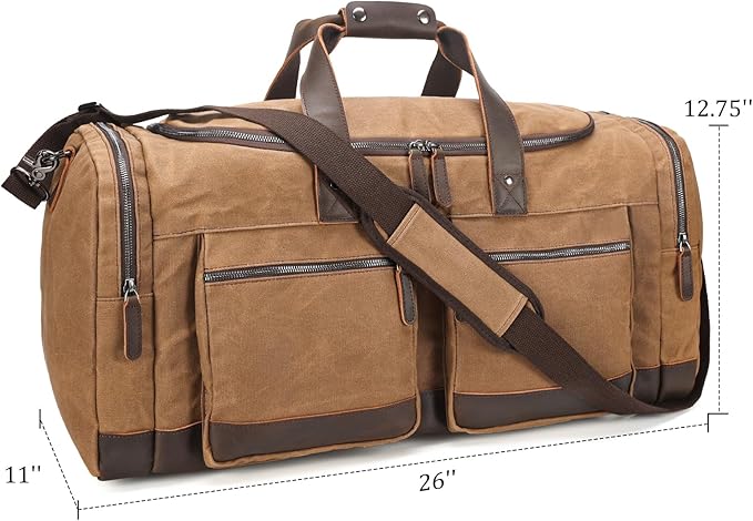 Polare 26” Waxed Canvas Cowhide Leather Waterproof Travel Duffel Bag Trim Luggage Weekender Overnight Carry on Hand Bag (Brown-26")