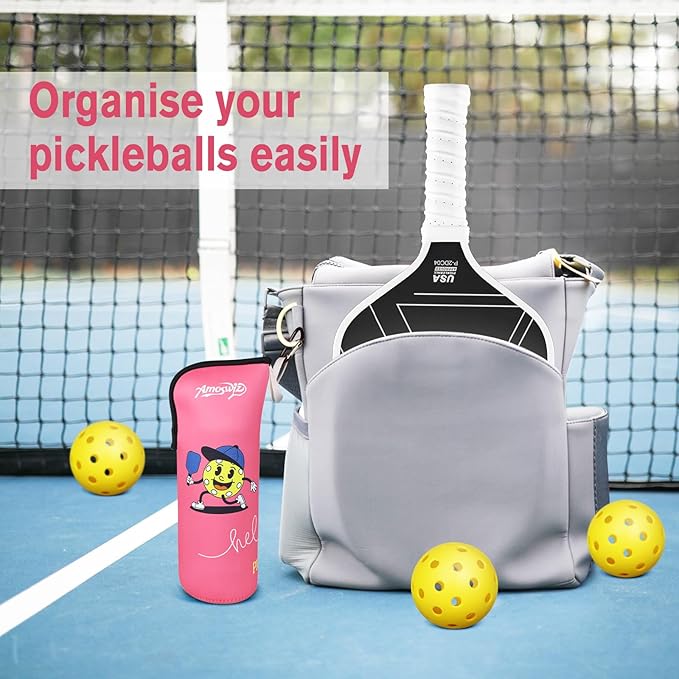 Pickleball Ball Holder - 1 Pc Pickle Ball Storage Bag, Portable Tennis Pouch with Hook for Fence, Premium Neoprene Material Bottle Holder, Pickleball Accessory Black Red Green Yellow Color