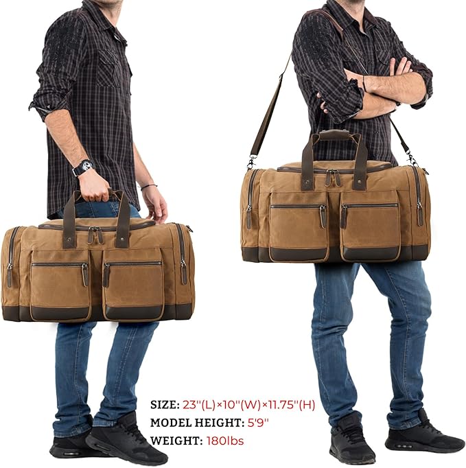 Polare 23” Waxed Canvas Cowhide Leather Waterproof Travel Duffel Bag Trim Luggage Weekender Overnight Carry on Hand Bag