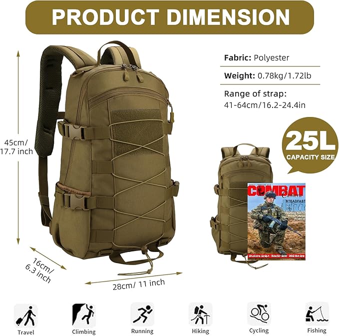 25L Hiking Backpack Small Tactical Backpack Daypack Camping Trekking Hunting Molle Pack for Men Women, Khaki