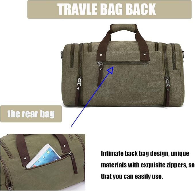 Travel bag large capacity men's luggage bag, expandable canvas leather 55 liters large capacity weekend hiking waterproof(green)