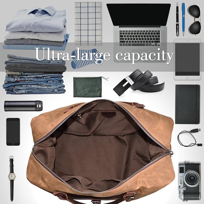 Oversized Travel Duffel Bag Waterproof Canvas Genuine Leather Weekend bag Weekender Overnight Carryon Hand Bag Brown