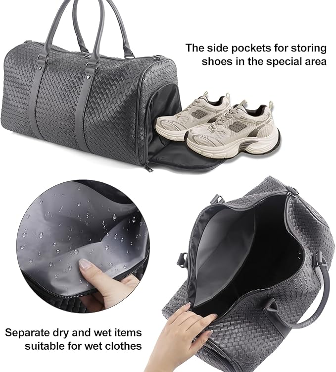 Weekender Bags for Women Woven Leather Travel Duffel Bag with Shoe Compartment, Carry On Garment Bag for Men Women, Large Capacity Water-resistant Gym Tote (Gray)