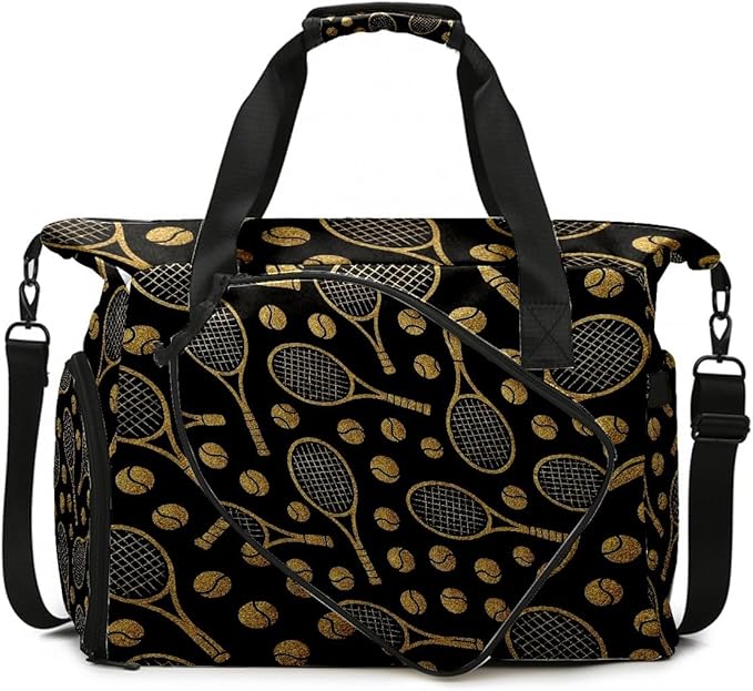 Luxury Racket Black Gym Bag for Women & Tennis Bag, Large Sports Duffel Bag Waterproof with Ventilated Shoe Compartment & Front Racket Sleeve, Lightweight Travel Weekender Overnight Bag