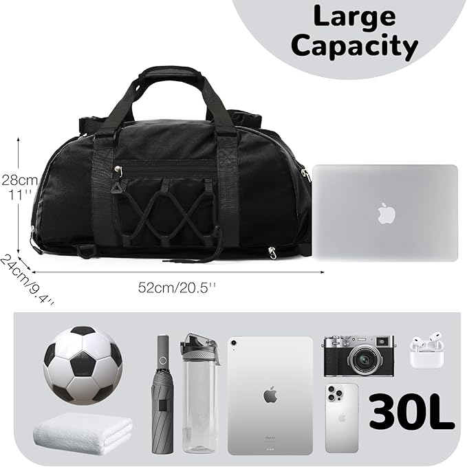 30L Gym Duffel Bag Backpack with Shoe Compartment for Men, Overnight Bag with Wet Pocket for Adults, Black