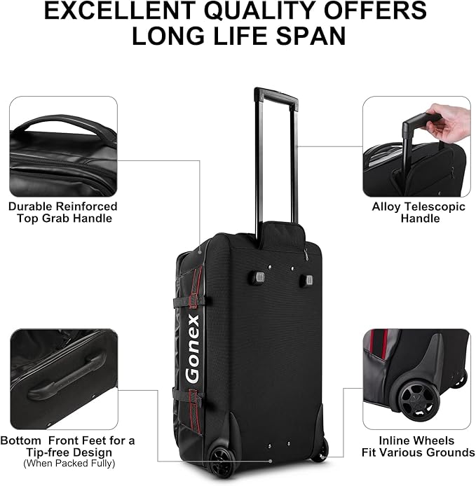 Gonex Rolling Duffle Bag with Wheels, 70L Water Repellent Wheeled Travel Duffel Luggage with Rollers 25 inch, Black