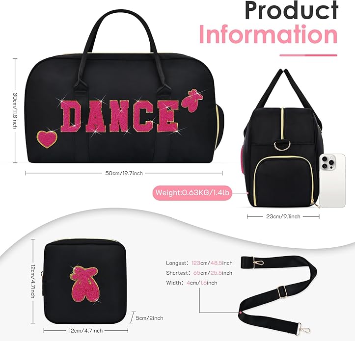 Dance Bag for Girls 2PCS Ballet Cheer Bag with Shoes Compartment Chenille Letter Embroidery for Dancer Travel Overnight bag