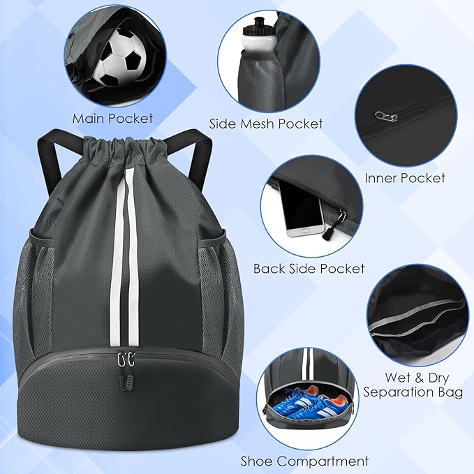 BROTOU Soccer Bags, Football Backpack, Volleyball Bag, Drawstring Backpack with Ball and Shoe Compartment, Football bags for Equipment Swim Gym Bag