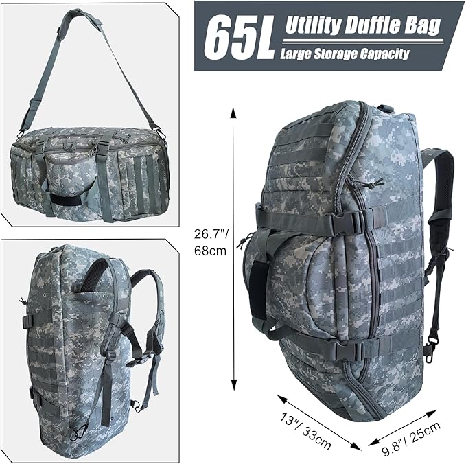 65L Large Duffle Bag, 3-in-1 Tactical Backpack MOLLE Pack for Sports, Gym, Outdoor, ACU