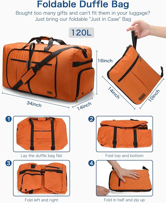 120L Foldable Waterproof Travel Duffel Bag for Men and Women with Shoe Compartment (Orange, EXTRA LARGE, 120L)