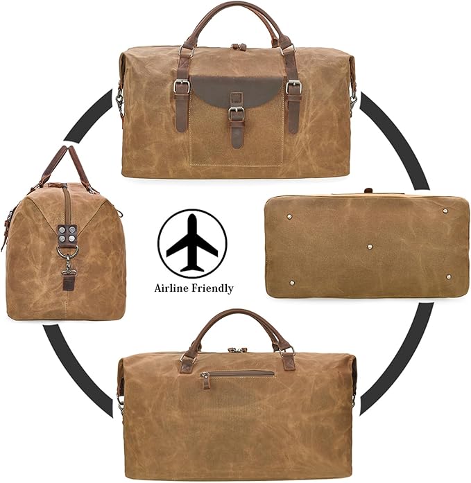 Oversized Travel Duffel Bag Waterproof Canvas Genuine Leather Weekend bag Weekender Overnight Carryon Hand Bag Brown