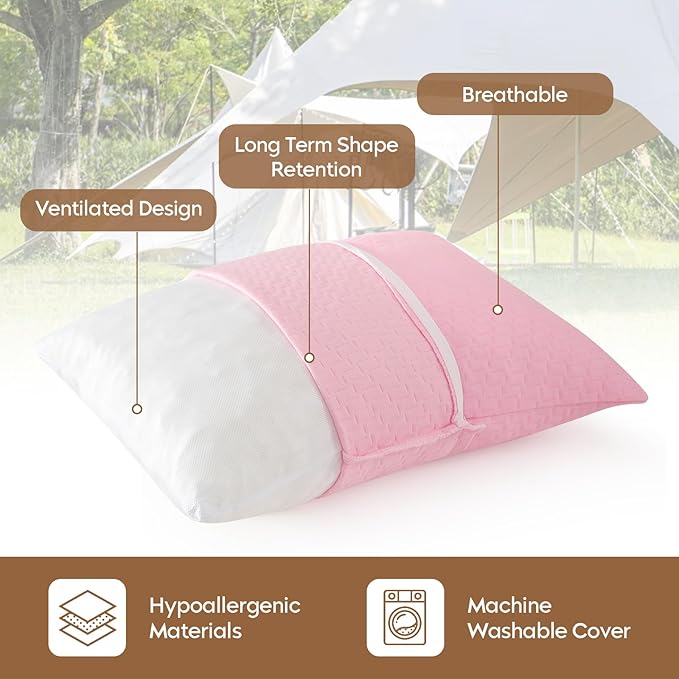 Small Shredded Memory Foam Pillow, Camping Pillow Travel Pillow - Compressible Medium Firm, Breathable Cover, Ideal Backpacking Hiking, Airplane and Car (Apricot Pink, S)
