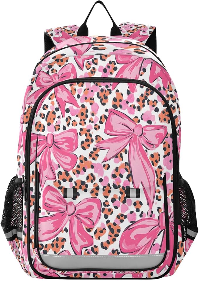 ALAZA Pink Bow Leopard Print Laptop Backpack Purse for Women Men School Bag 17 Inch Bookbag Student Boys Girls Travel Casual Daypack