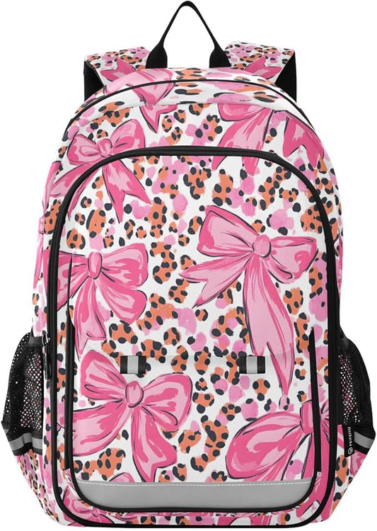 ALAZA Pink Bow Leopard Print Laptop Backpack Purse for Women Men School Bag 17 Inch Bookbag Student Boys Girls Travel Casual Daypack