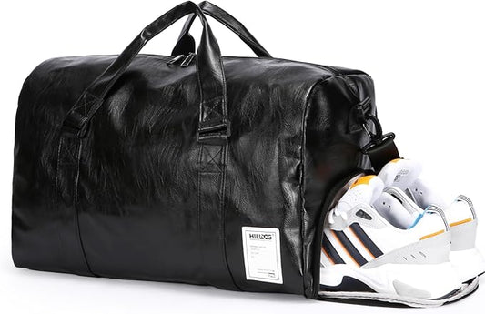 Leather Travel Bag with Shoes Compartment & Wet Pocket, Sports Gym Tote Bag Travel Duffel for Men & Women, Overnight Weekender Bag Waterproof Leather Large Carry On Bag