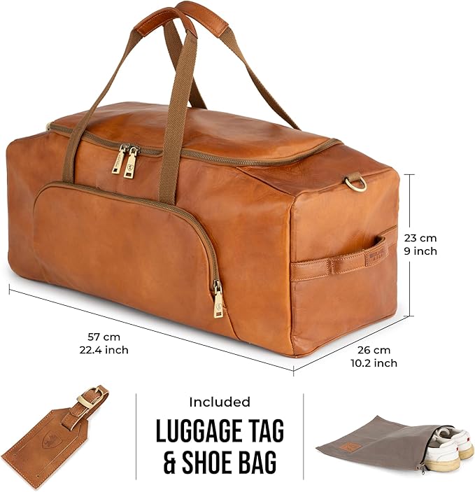 Berliner Bags Vintage Genuine Leather Duffle Denver XL for Travel or the Gym, Weekender Bag with shoe compartment, Overnight Bag for Men and Women - Brown