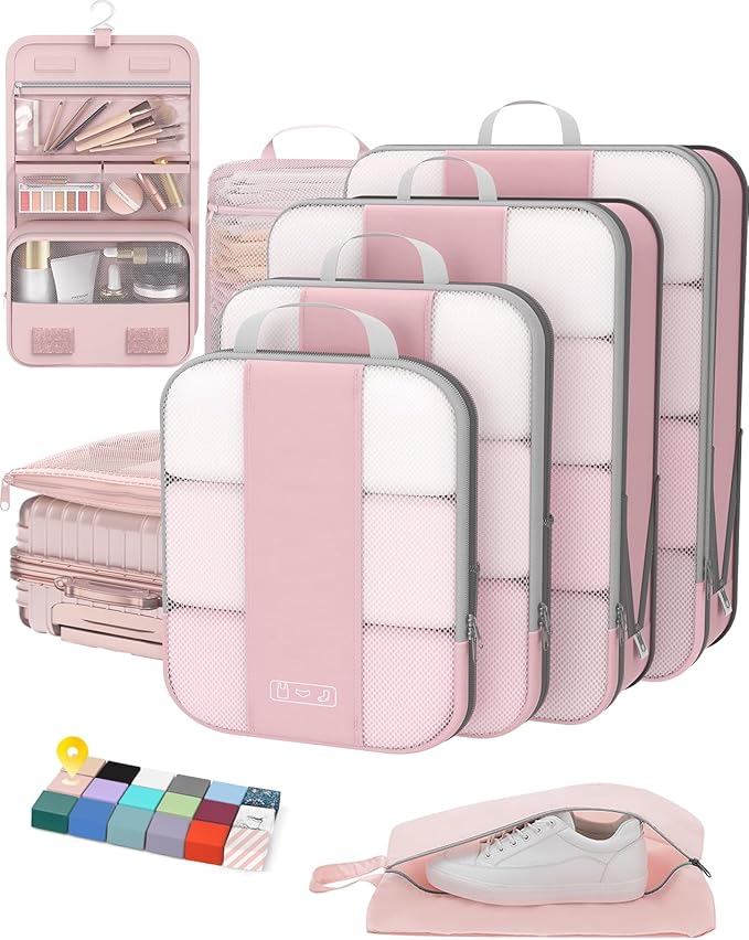 8 Set Compression Packing Cubes for Travel Essentials,Compressible Expandable Packing Cubes for Suitcase,OlarHike Luggage Organizer Bags for Travel,Handy Helper for Organizing Clothes(Pink)