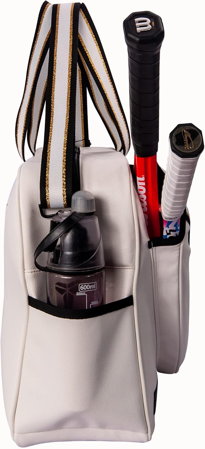 White PU Leather Women Large Sports Handbag Tennis Racket Shoulder Bag Tennis Tote Bag for 2 Rackets, with Water Bottle Holder