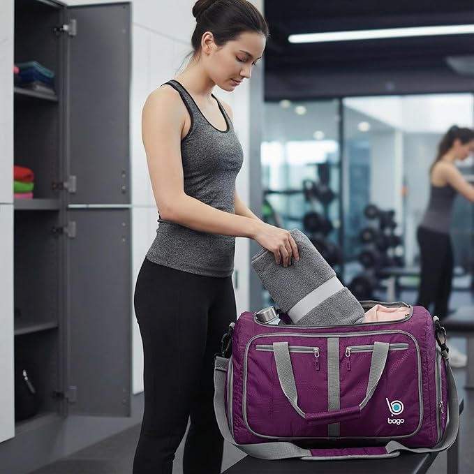 Bago Foldable Duffel Bags for Traveling Women & Men - 40L Sports Packable Duffle Bag for Travel with Shoe Compartment - Water Repellant, Heavy Duty, Lightweight Folding & Collapsible (Purple)