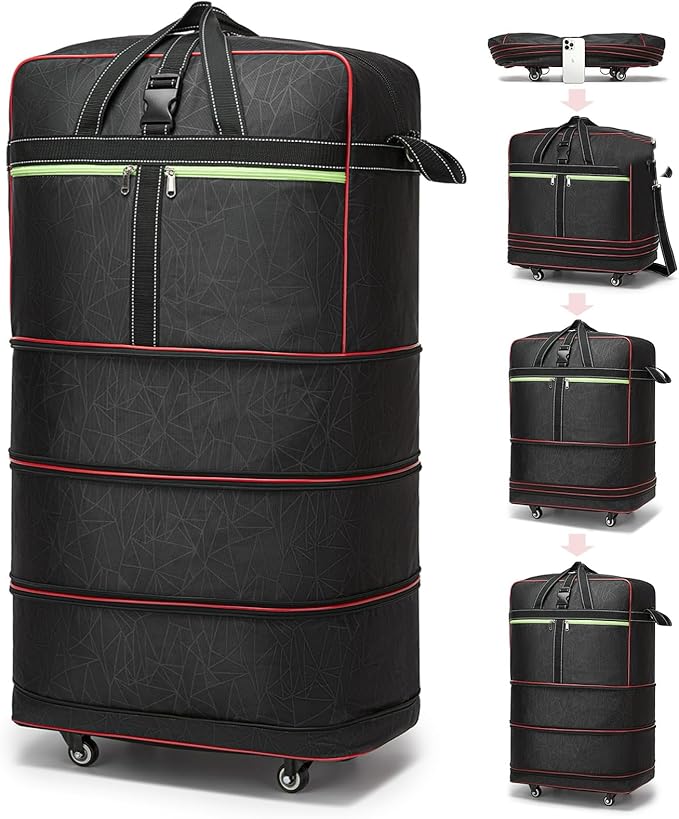 Foldable Duffel Bag,Large Expandable Rolling Travel Duffle Bag with Wheels Waterproof Collapsible Luggage Carry on Duffel Bag with Wheels and Handle, Black