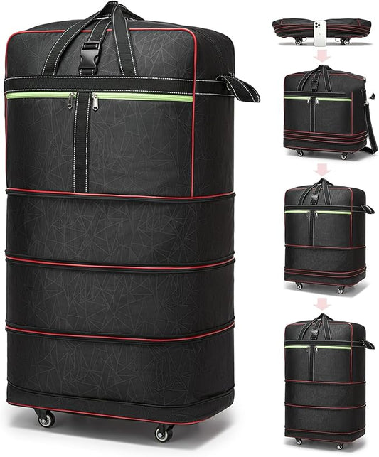 Foldable Duffel Bag,Large Expandable Rolling Travel Duffle Bag with Wheels Waterproof Collapsible Luggage Carry on Duffel Bag with Wheels and Handle, Black