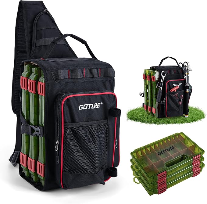 Goture OpenSide Tactical Sling Tackle Bag with 3 Tackle Trays, Lightweight Fishing Backpack Storge Gear - Black Bag Outdoor,Gift for men