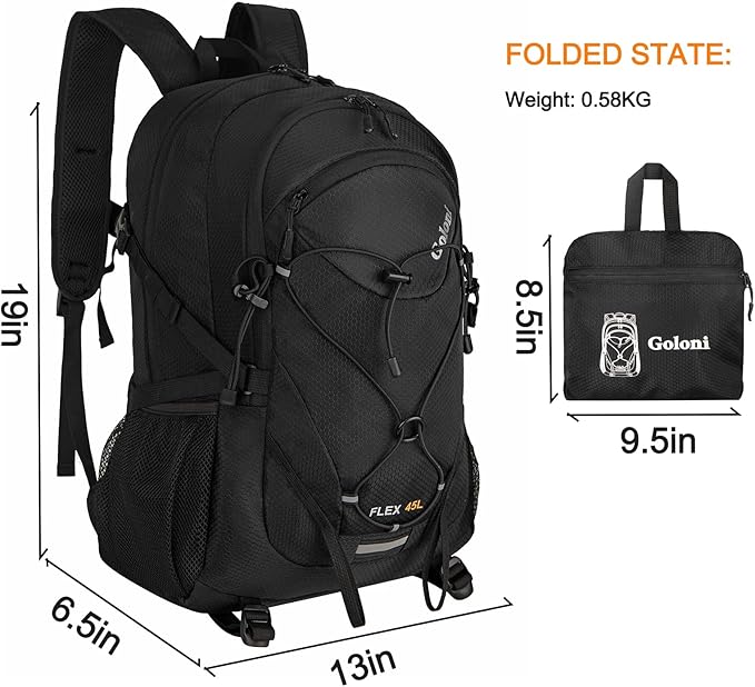 45L Hiking Backpack with Rain Cover, Lightweight Foldable Camping Backpack for Trekking, Water-Resistant Daypack with Hiking Pole & Mat Carrying System,Black