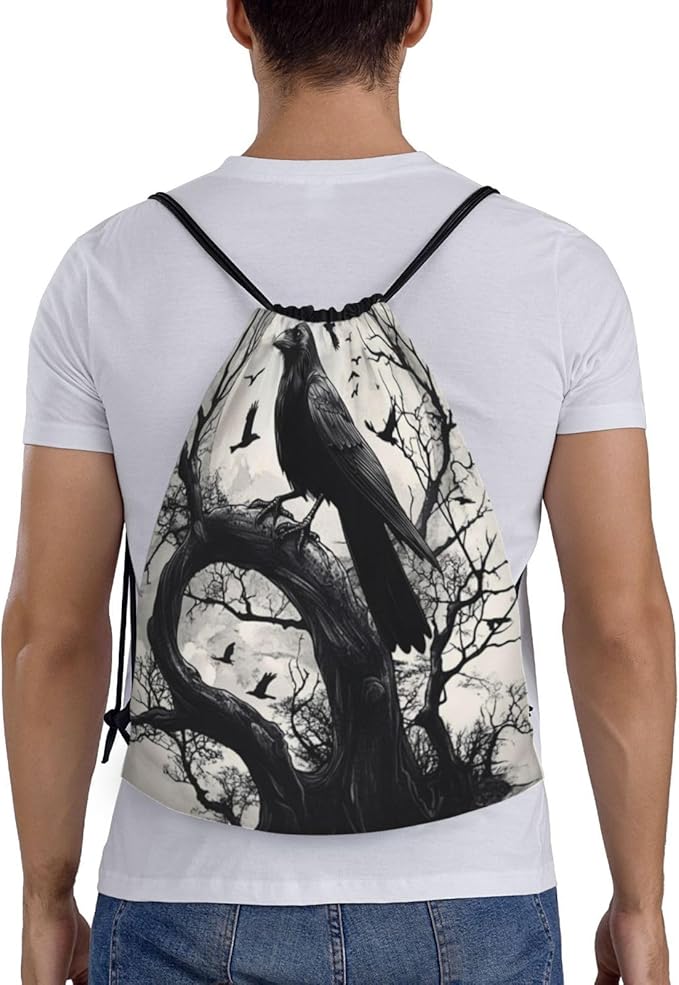 Black Crow Pattern Drawstring Backpack Bag - Sports Gym Sack For Women Men