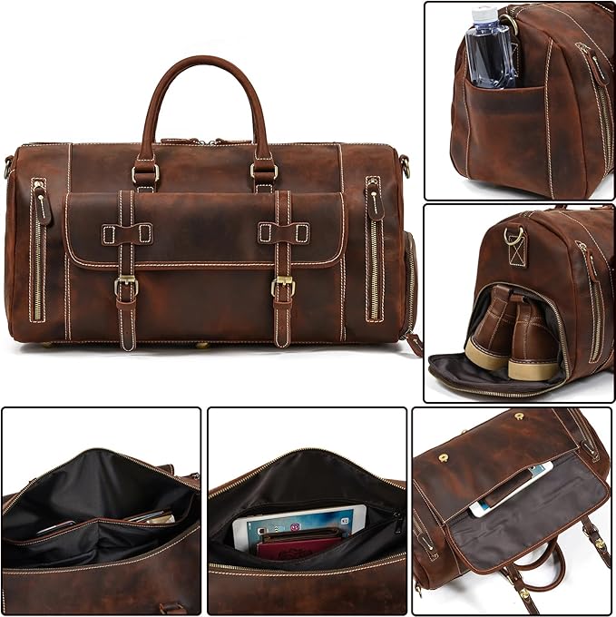 Leather Duffel Bags for Men and Women, 20 Inch Full Grain Leather Travel Overnight Weekend Bags, 9802 Brown