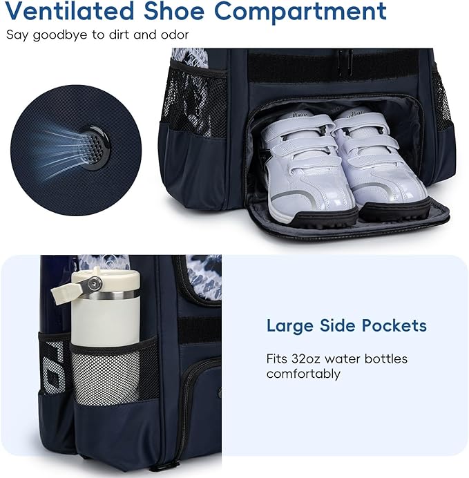 Baseball Bag for Youth | Softball Backpack 50L Large Capacity with Shoe Compartment and 4 Bat Holders | Nova Flare Series