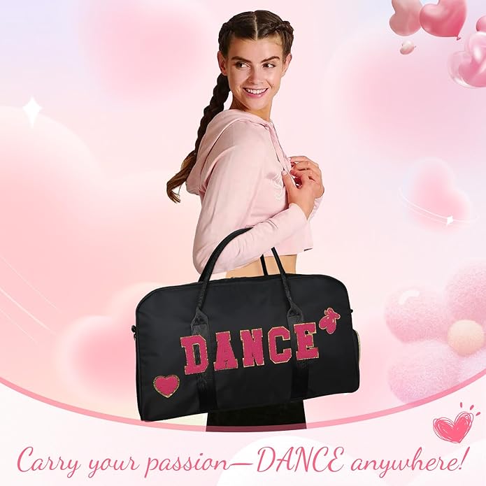 Dance Bag for Girls 2PCS Ballet Cheer Bag with Shoes Compartment Chenille Letter Embroidery for Dancer Travel Overnight bag