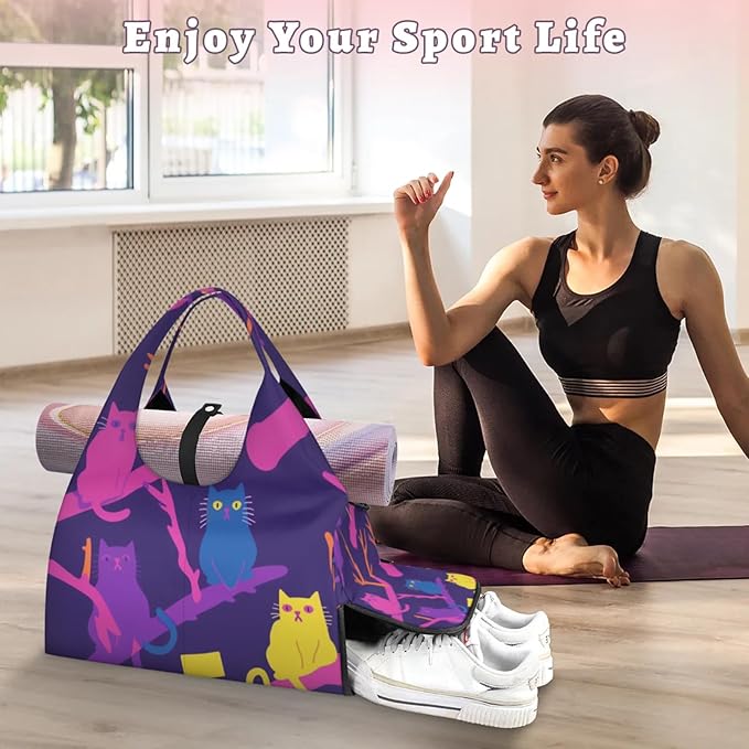 Yoga Gym Bag for Women, Cute Cat Gym Bag with Yoga Mat Holder, Purple Duffel Bag, Sport Bag with Shoe Compartment and Wet Dry Storage Pockets, Suitable for Gym, Travel, Pilates and Beach