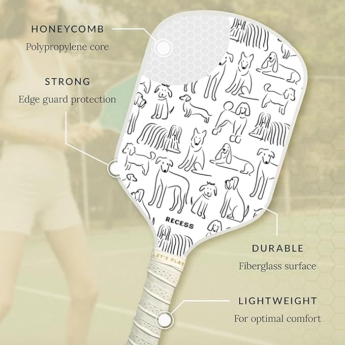 Recess Pickleball Starter Set of Premium Pickleball Paddles and Four (4) Pickle Balls - Lightweight, Honeycomb Core & Comfort Grip Handles - Perfect for Beginners