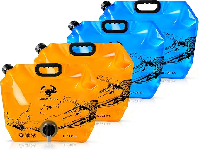 Collapsible 8L Water Storage Bag, BPA-Free Portable Folding Water Jug with Adjustable Faucet, Leakproof Emergency Water Bag for Camping, Hiking, Riding, Outdoor Sport (4, Blue & Orange)