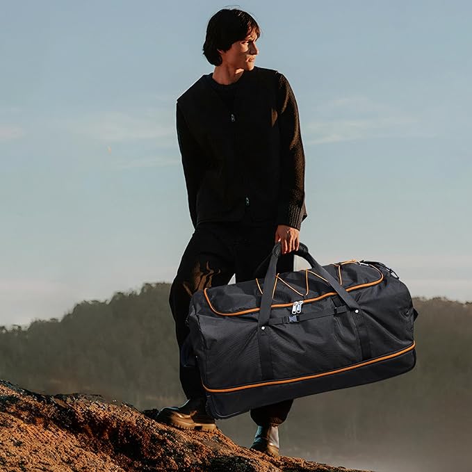 Vomgomfom 32" Soft-Sided Foldable Wheeled Travel Duffel Bag,Expandable 110L to 140L Rolling Cargo Bag with 2 Wheels and Multiple Pockets,Black-orange