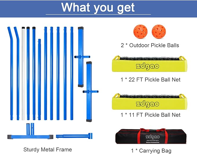 Zdgao Pickleball Net for Driveway with 22FT Regulation Size Pickleball Net, 4 Outdoor Pickleballs and Carry Bag, Weather Resistance Strong Steel Frame