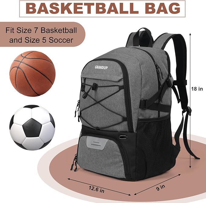 GRANDUP Basketball backpack with ball and shoes compartment Fit Volleyball, soccer, Swim, Gym, Travel, and School, large capacity sports training equipment bags
