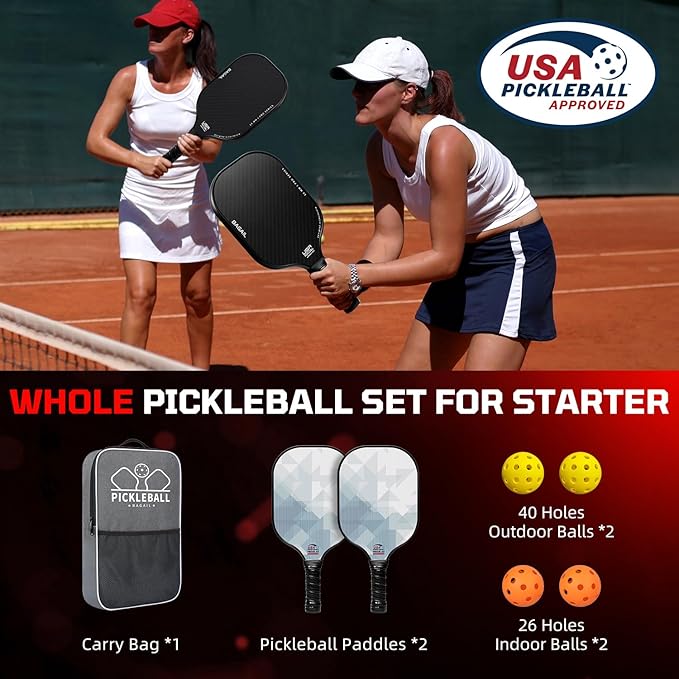 BAGAIL Pickleball Paddles, USAPA Approved Fiberglass Surface Pickleball Set, Lightweight Pickle Ball Rackets with 4 Balls, 1 Bag, Designed in California for Traction and Stability