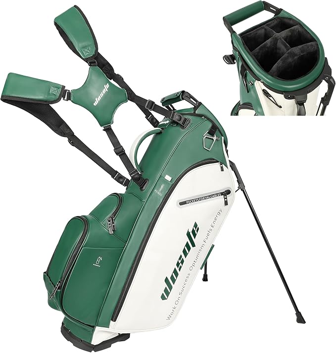 WOSOFE PU Golf Bag with 6/14 Way Top Dividers Automatically Adjustable Dual Straps Elegant Design for Men Women Pu Golf Stand Bag with Multiple Pockets