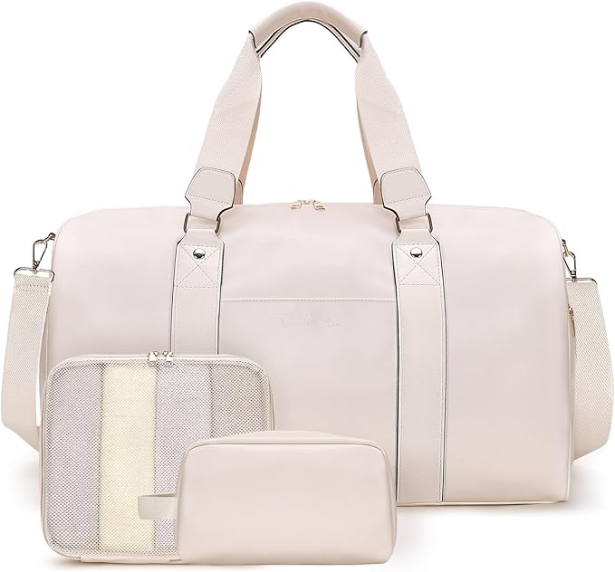 3-in-1 Leather Duffle Bag with Toiletry and Shoe Compartment, Weekender Overnight Gym Bag for Men and Women, Carry On Fits Most 15.6 Inch Laptops(Beige)