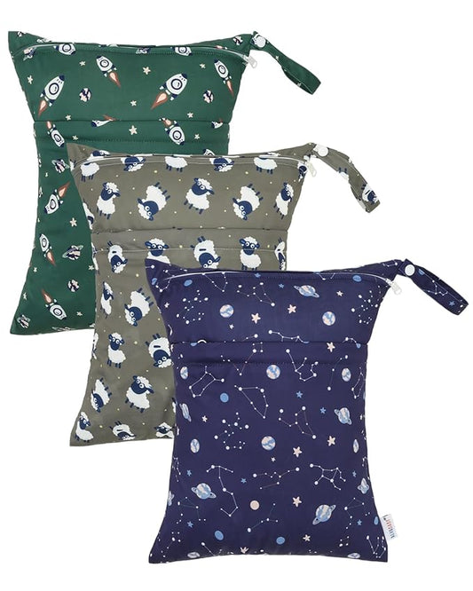 ALVABABY 3pcs Cloth Diaper Wet Dry Bags Waterproof Reusable with Two Zippered Pockets Travel Beach Pool Daycare Soiled Baby Items Yoga Gym Bag for Swimsuits or Wet Clothes 3L-ZM32