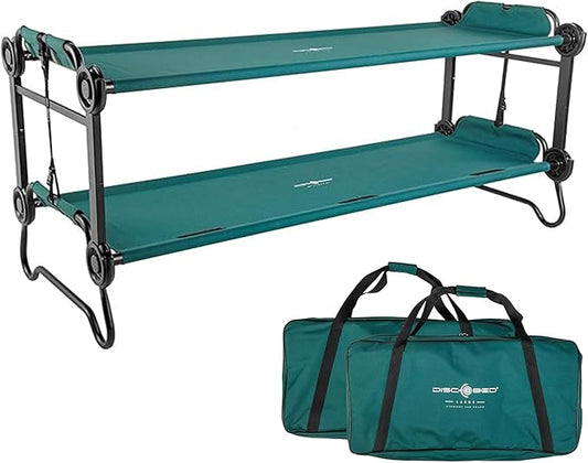 Disc-O-Bed Large Outdoor Convertible 2 Person Bench and Double Camping Cot Portable Bed Bunk System for Adults, Green