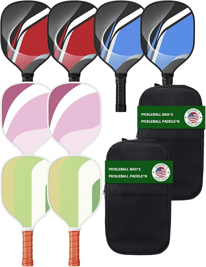8 Pcs Pickleball Paddles Set of 8 with 2 Carry Bags | 9-Ply Poplar & Carbon Fiber Composite USAPA Approved Paddles | Ideal for Family, Club, Training & Gifts