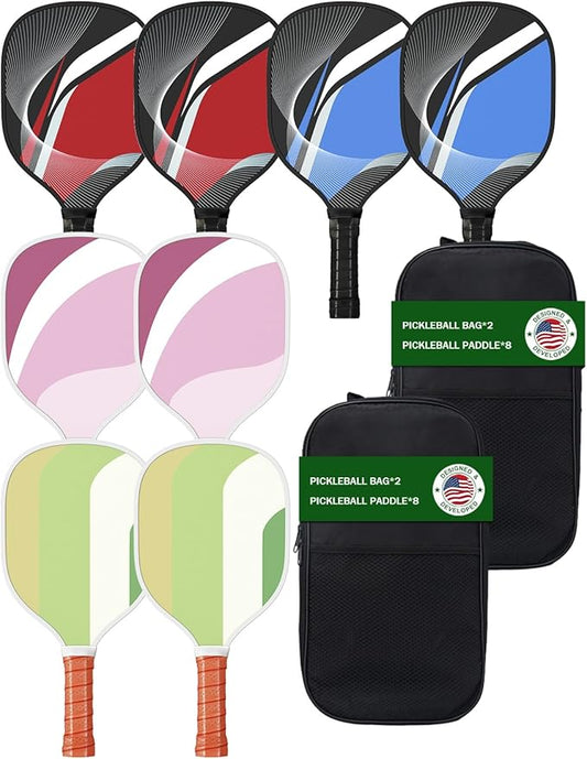 8 Pcs Pickleball Paddles Set of 8 with 2 Carry Bags | 9-Ply Poplar & Carbon Fiber Composite USAPA Approved Paddles | Ideal for Family, Club, Training & Gifts
