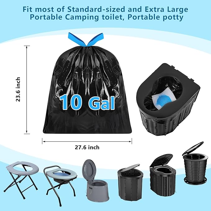 Portable Toilet Bags Poo Waste Gel Set, 30 Count 10 Gal Camping Toilet bags with drawstring and 30 Pack 0.53 Oz each Pee Powder for Portable Camping Toilet fit for Traveling, Outdoor Activities