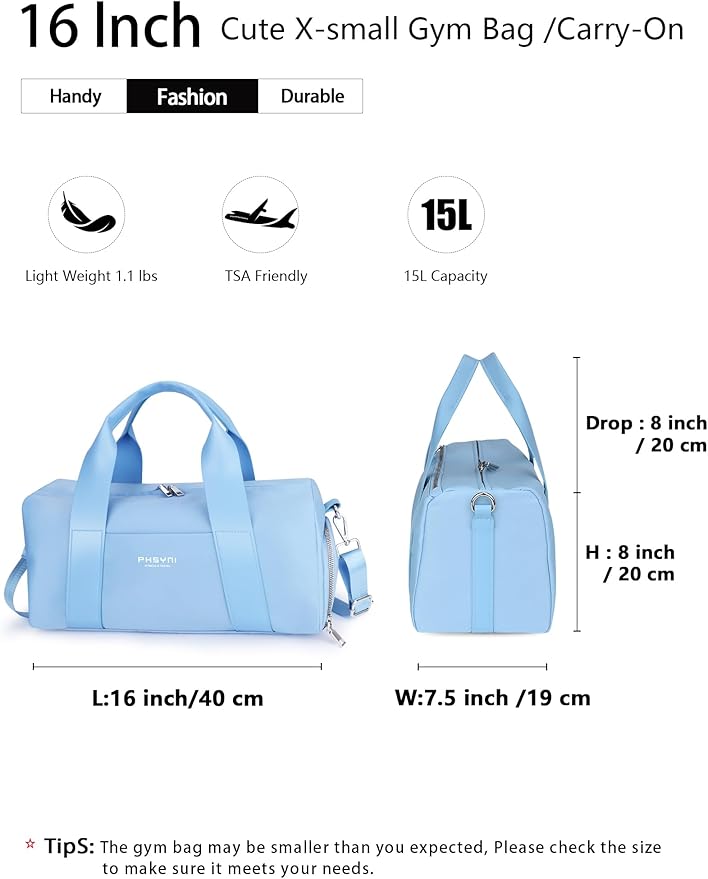Sports Small Gym Bag for Women, Cute Mini Duffle Bag with Wet Pocket & Shoes Compartment, Personal Item Travel Workout Bag, 16"- Small, Sky Blue